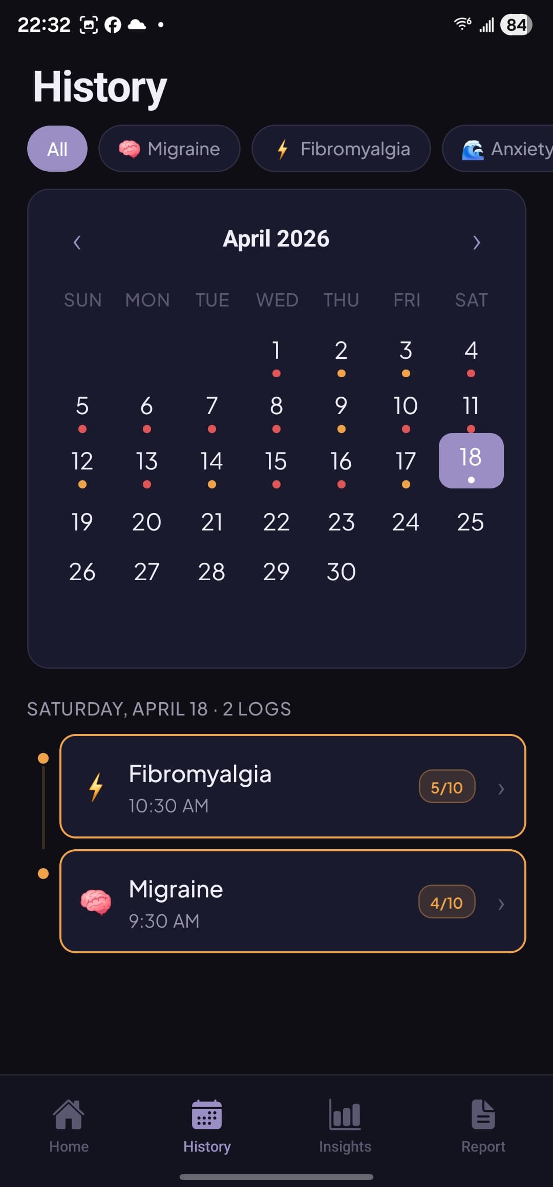 Flair history calendar with condition tracking