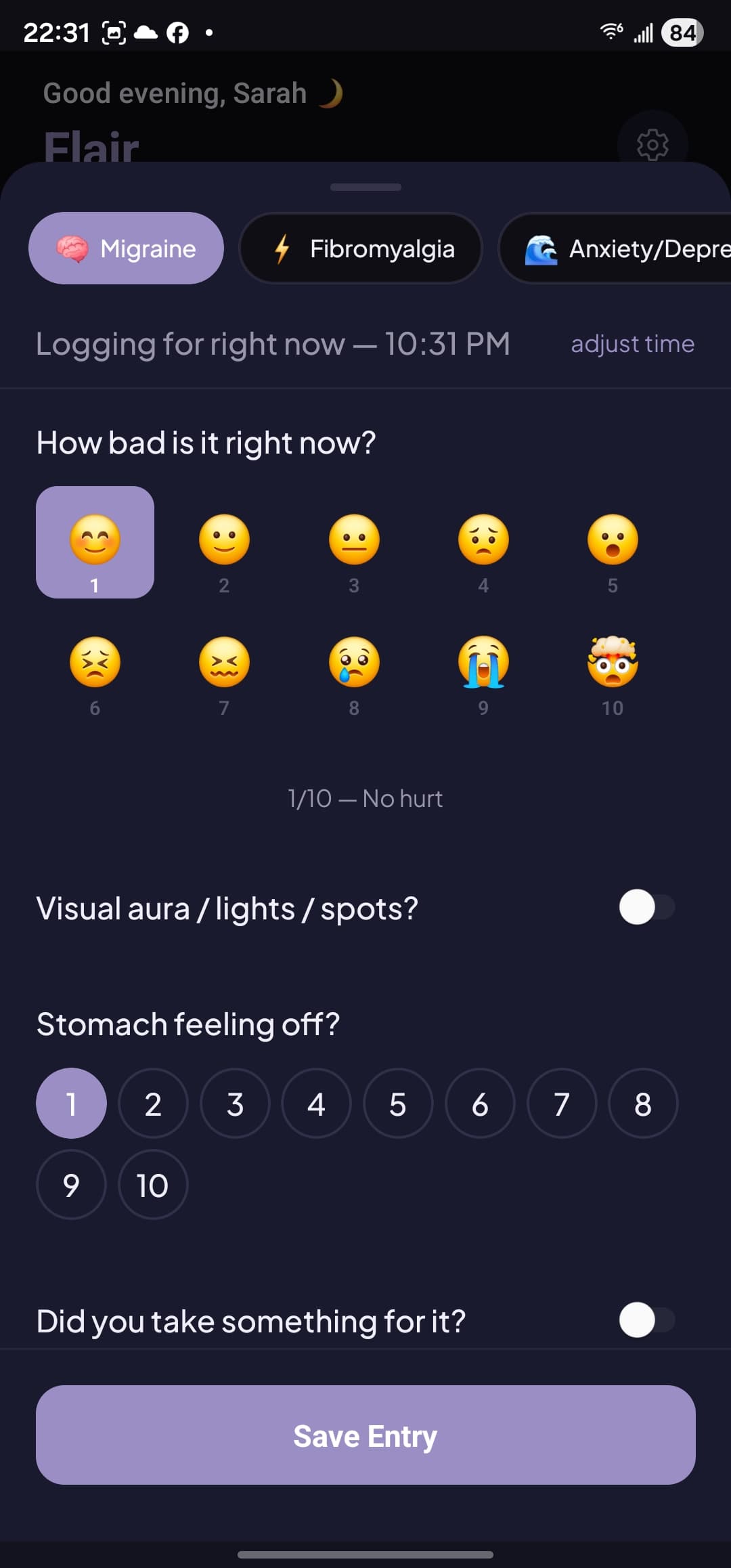 Flair symptom logging with emoji pain scale